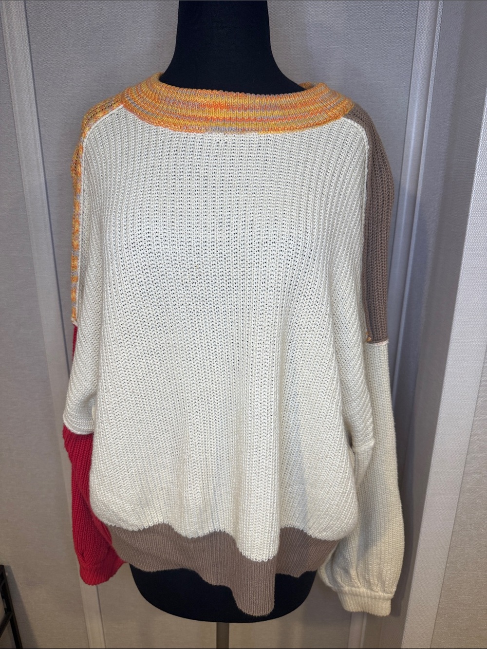 Colorblock Cozy Knit Sweater - Cream with Red & Tan Accents
